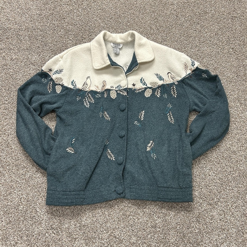 Vintage Teddi Cardigan Sweater Womens M Green Cream Bird Embroidered Knit Nature